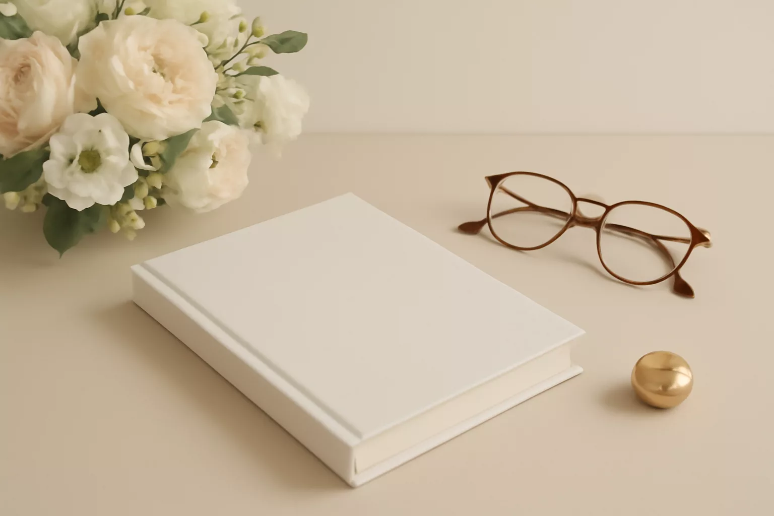 Libro sobre escritorio elegante con detalle dorado y flores claras