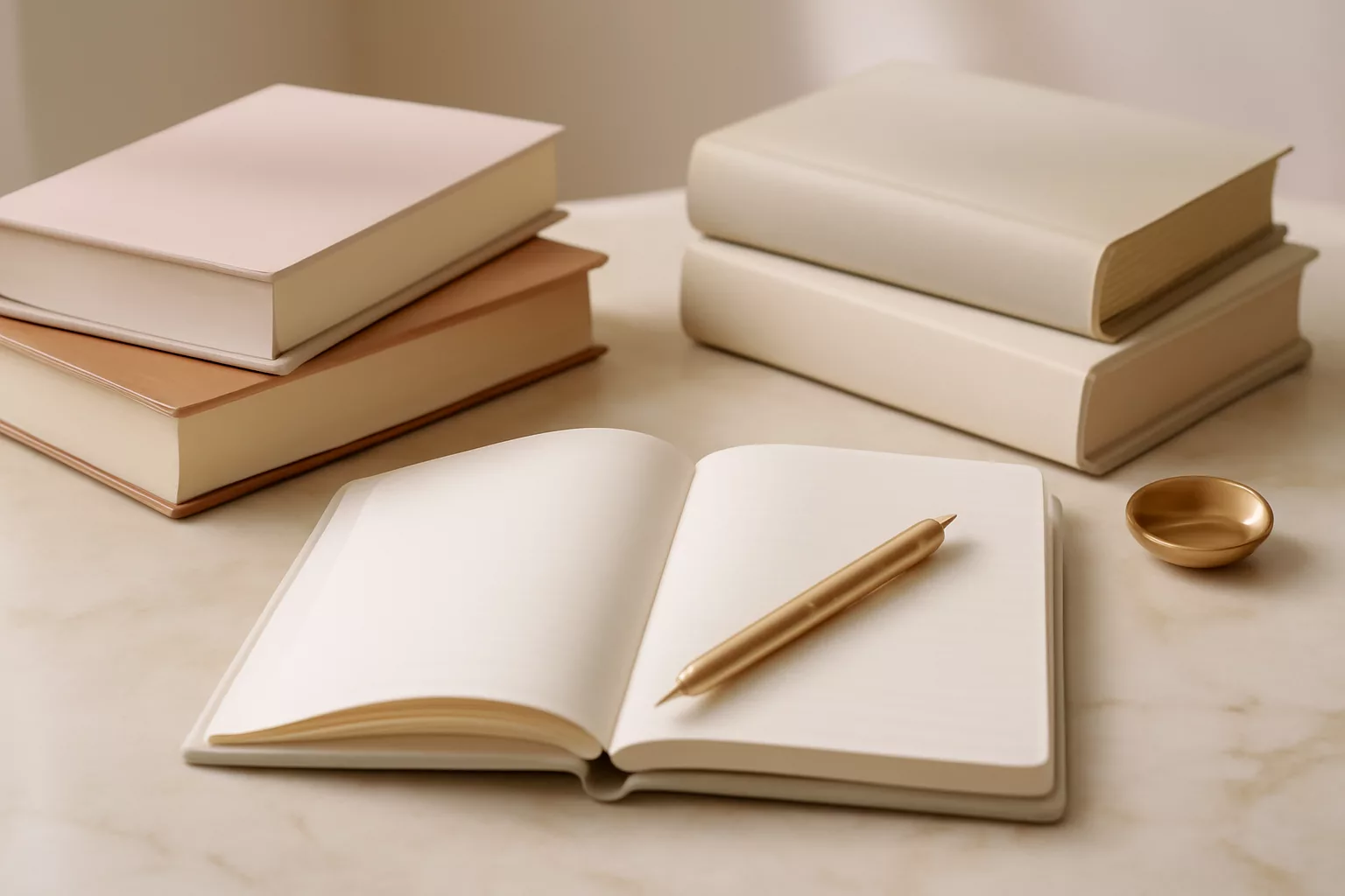 Composición elegante de libros, cuaderno y detalles dorados sobre una mesa clara